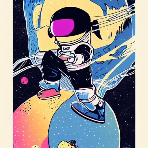 Image similar to colorful pixar, mcbess illustration, an astronaut drifting through space