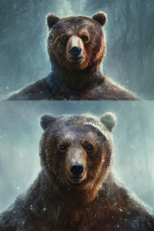 Prompt: a portrait of a cyborg Bear by Greg Rutkowski, Sung Choi, Mitchell Mohrhauser, Maciej Kuciara, Johnson Ting, Maxim Verehin, Peter Konig, final fantasy , mythical, 8k photorealistic, cinematic lighting, HD, high details, atmospheric,