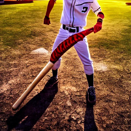 Image similar to playboi carti playing softball, baseball bat, baseball, outside, clear sky, golden hour sunlight, hdr, 4 k, widelens, photograph