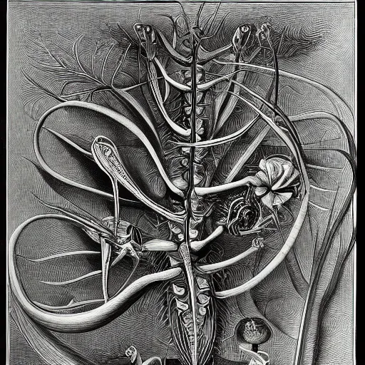 Image similar to technicolor venus flytrap, by Ernst Haeckel, by M.C. Escher, beautiful, eerie, surreal, colorful