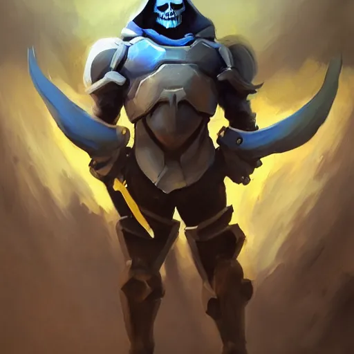 Image similar to greg manchess portrait painting of partially armored powerful skeletor overwatch character, medium shot, asymmetrical, profile picture, organic painting, sunny day, matte painting, bold shapes, hard edges, street art, trending on artstation, by huang guangjian, gil elvgren, ruan jia, greg rutkowski, gaston bussiere