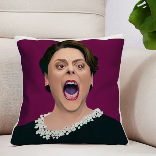 Image similar to rachel bloom as a lady boss crying into a ruth bader ginsberg pillow in her office, ultra detailed, 8 k resolution, ultrarealistic