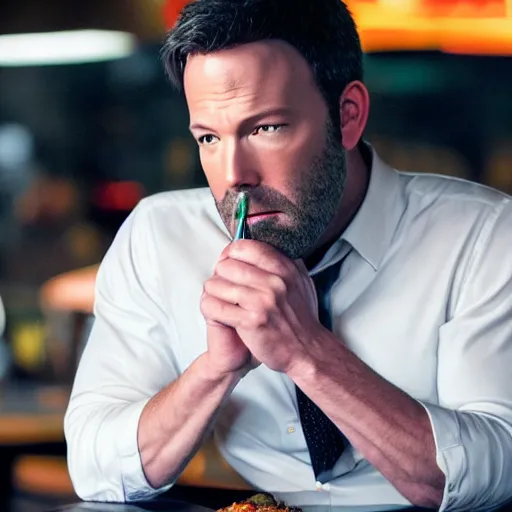 Image similar to A still of Ben Affleck's Batman eating at Denny's, 4k, photograph, ultra realistic, highly detailed, studio lighting