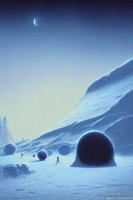 Image similar to emissary space by arthur haas and bruce pennington and john schoenherr, planet hoth, snowy mountains, blue hour, cinematic matte painting, 8 k, dark color palate,