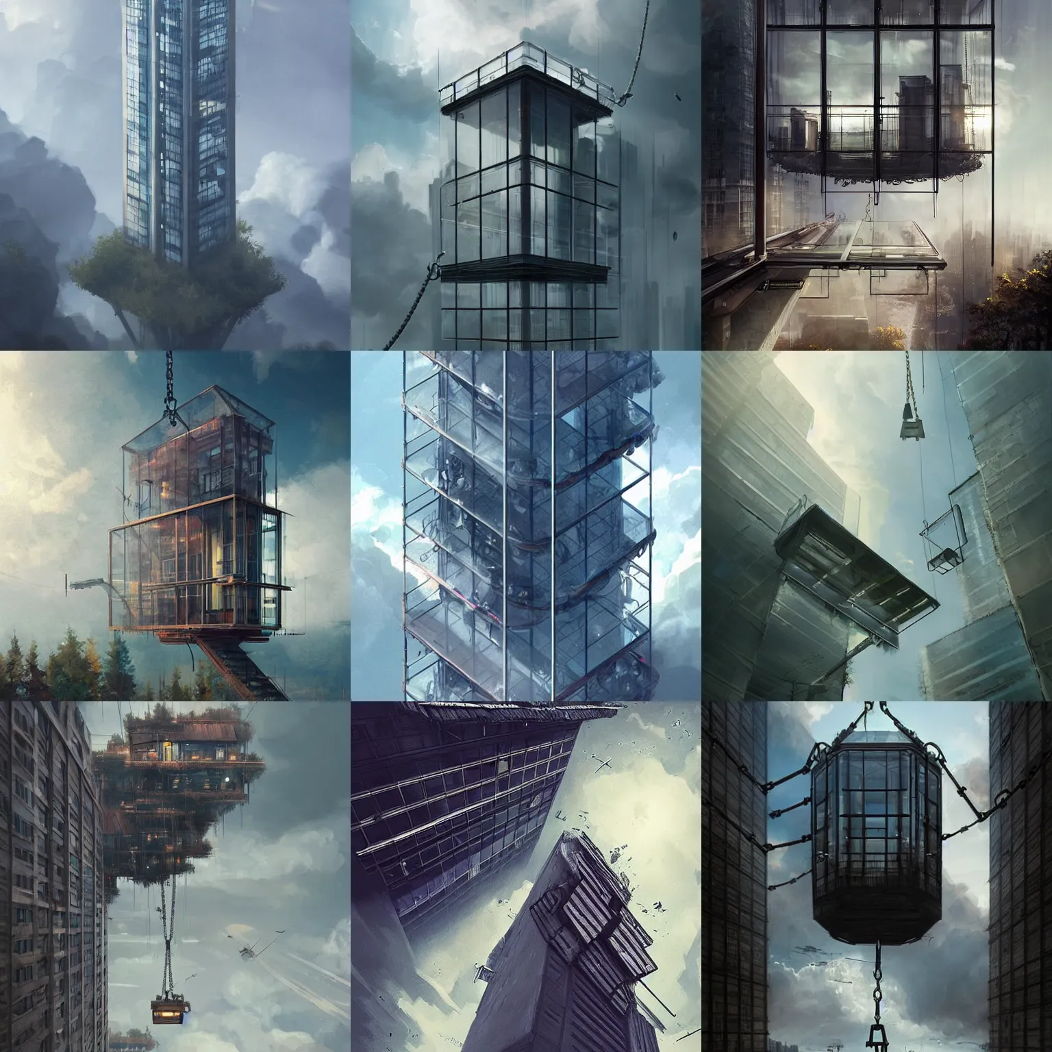 Prompt: glass elevator cabin hanging by a chain floating among clouds. dynamic perspective. urban, detailed digital art trending in artstation, artworks by greg rutkowski