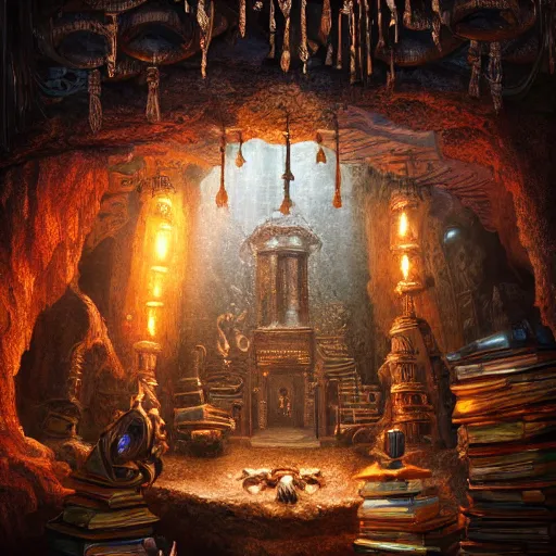 Image similar to epic view of an ancient dark byzantine cave interior, ornate oil lamp on a pile of crystals, books covered in jewels, ornate, surrounded by strange statues and treasure, full of sand and glitter, hyper real, Indiana Jones, Tomb Raider, trending on artstation, concept art, cinematic, jewels, by Jordan Grimmer