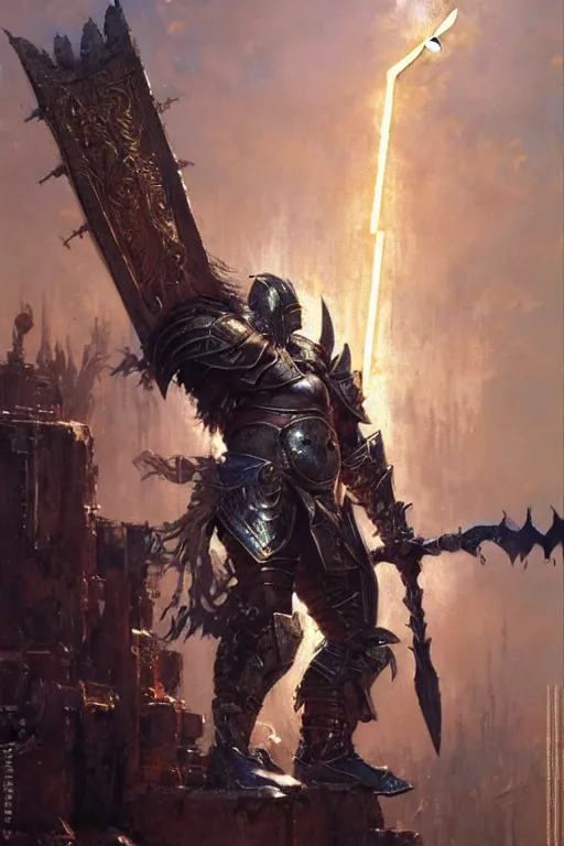 Prompt: towering metal armoured barbarian with two lightning hand axes, portrait dnd, painting by gaston bussiere, craig mullins, greg rutkowski, yoji shinkawa