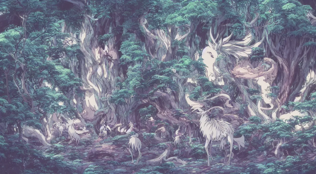 Image similar to studio ghibli anime still of a fantasy forest, forest ghosts from princess mononoke, mythical, key anime visuals