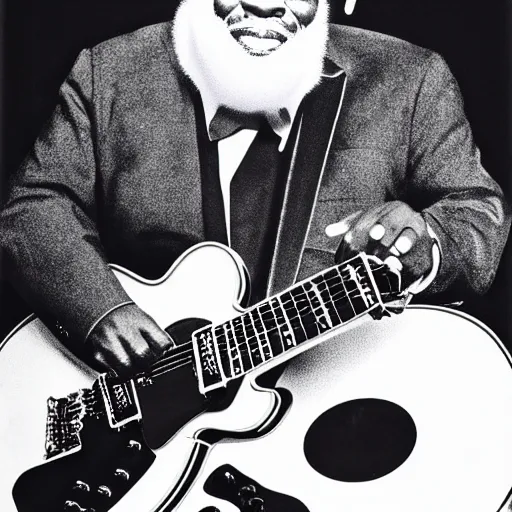 Prompt: b. b king, sitting in a fluffy cloud, playing an electric semi - hollow guitar. beautiful realistic render, dramatic, moody