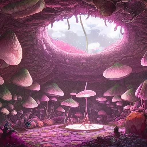 Image similar to concept art painting of a interior of a circular alien fairytale fantasy fungus house made of mushrooms, realistic, detailed, cel shaded, magenta and gray, dark, in the style of makoto shinkai and greg rutkowski and james gurney