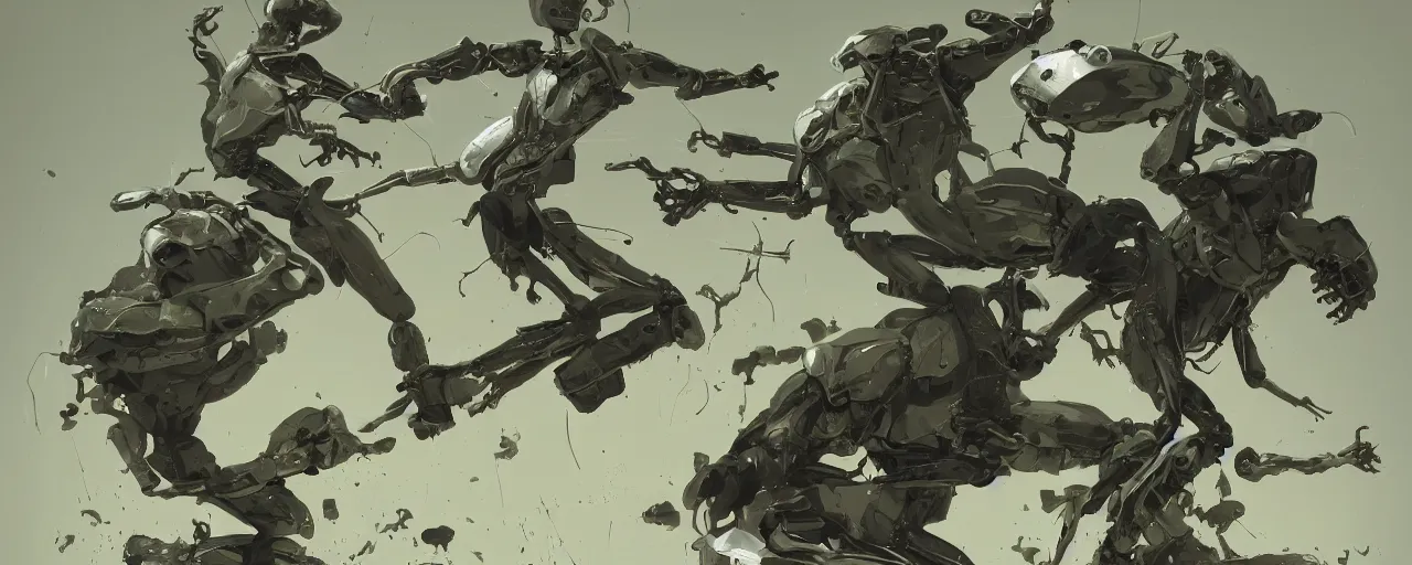 Image similar to duotone olive green grey illustration 3 / 4 portrait of gollum doing kunfu air kicks and fighting with boston dynamics robots. dynamic chaotic composition accidental renaissance golden ratio. by sachin teng and sergey kolesov and ruan jia and heng z. graffiti art, scifi, fantasy, hyper detailed. octane render. concept art. trending on artstation