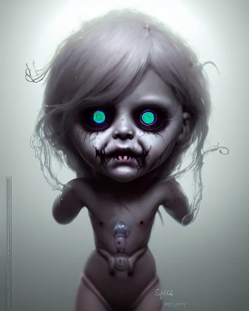 Image similar to one singular portrait of a cute bioluminescent creepy doll from nightmares with glowing eyes, highly detailed, digital painting, cinematic, hyper realism, dark retrowave, art by stanley lau and artgerm and magali villeneuve and alphonse mucha, artstation, octane render, cgsociety