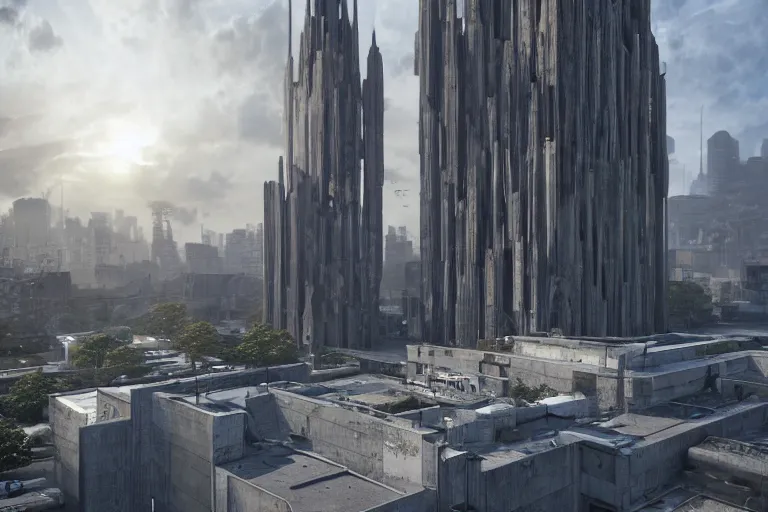 Image similar to streetscape, a towering cathedral of brutalist architecture, buildings covered with greebles, stunning volumetric light, sunset, metal, concrete and translucent material, stunning skies, majestic landscape, trending on Artstation, 8k, photorealistic, hyper detailed, unreal engine 5, IMAX quality, cinematic, epic lighting, in the style of Greg Rutkowski