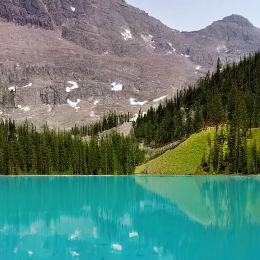 Prompt: a turquoise placid lake in the forground with a towering mountain in the background, artstation, highly detailed,