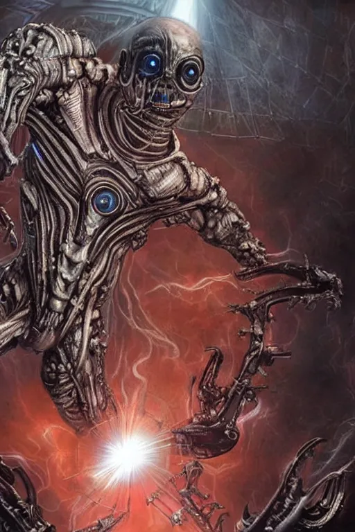 Image similar to jeff bezos as a filthy alien invader with a laser weapon from a pulp movie, photorealistic, cinematic lighting, highly detailed, very intricate, by hr giger