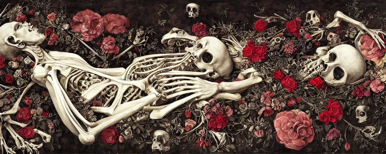 Prompt: anatomical man with large eyes and lips laying in bed of bones of flowers, feeling an existential dread of love, HD Mixed media, highly detailed and intricate, surreal illustration in the style of Caravaggio, baroque dark art