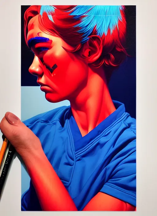 Image similar to red and blue color theme, beautiful hyperrealisitic portrait of burning police officer, tristan eaton, victo ngai, artgerm, rhads, ross draws