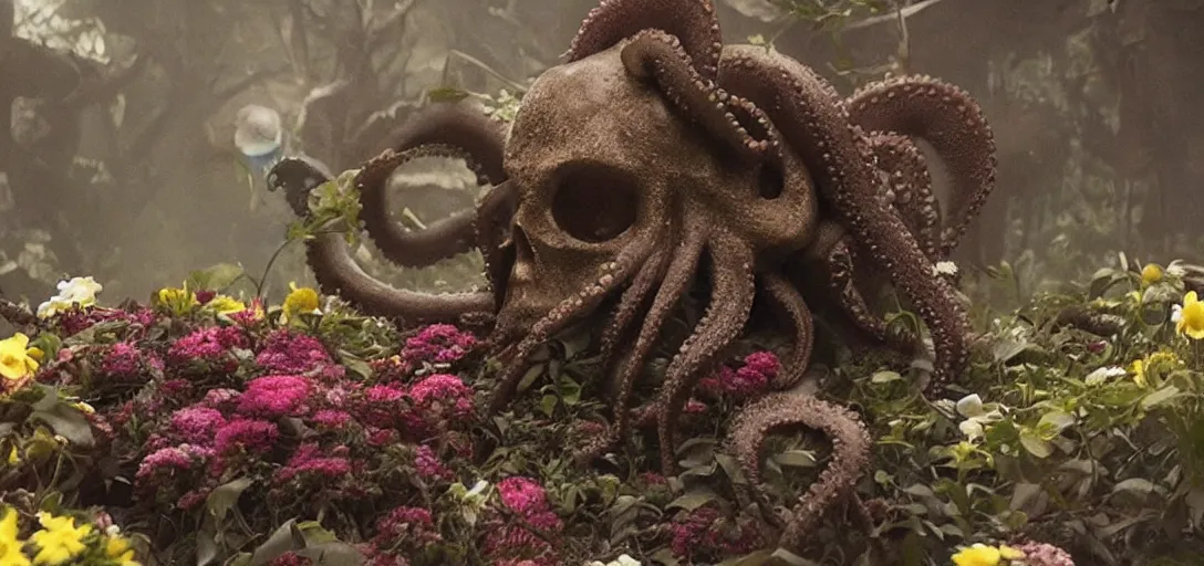 Prompt: an octopus in the shape of a skull surrounded by flowers at midnight,,,, foggy!, cinematic shot, photo still from movie by denis villeneuve, wayne barlowe