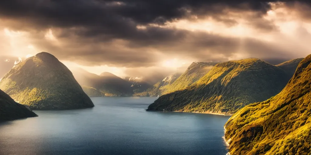 Image similar to a beautiful view of the fjords by the sea. atmosphere, god rays, golden hour, cinematic