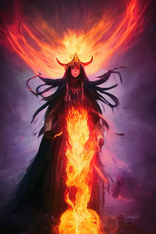 Prompt: A beautiful dark magician women wearing a large witches hat covered in colorful flames by Greg Rutkowski, Sung Choi, Mitchell Mohrhauser, Maciej Kuciara, Johnson Ting, Maxim Verehin, Peter Konig, mythical, 8k photorealistic, cinematic lighting, HD, high details, atmospheric,