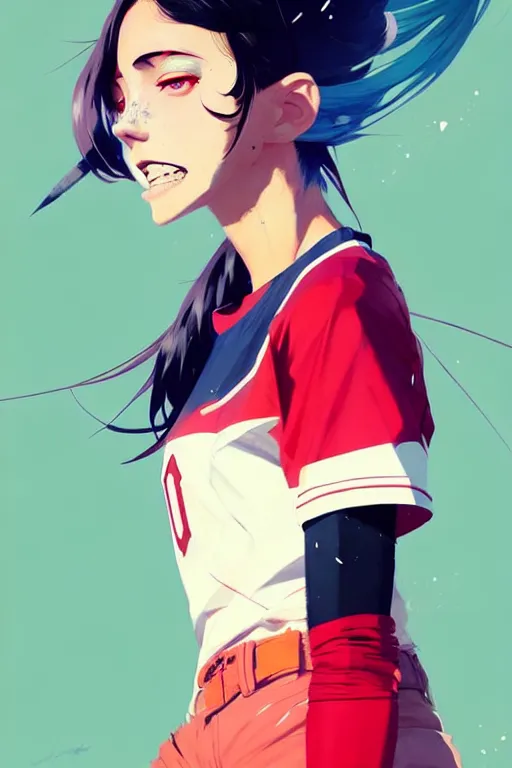 Image similar to a ultradetailed beautiful panting of a stylish girl in a baseball jersey, by conrad roset, greg rutkowski and makoto shinkai, trending on artstation