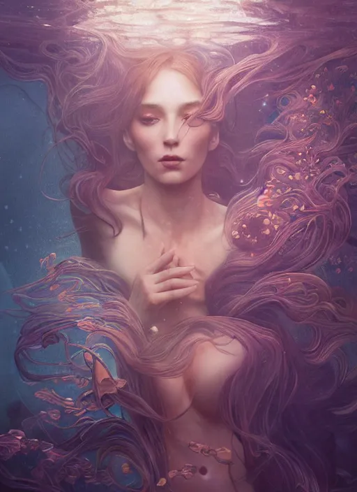 Image similar to an underwater photographic portrait of a woman created out of starlight and smoke, cinematic, volumetric lighting, beautiful fantasy, intricate, elegant, highly detailed, digital painting, artstation, concept art, smooth, sharp focus, illustration, art by ayami kojima, artgerm and h r giger and alphonse mucha