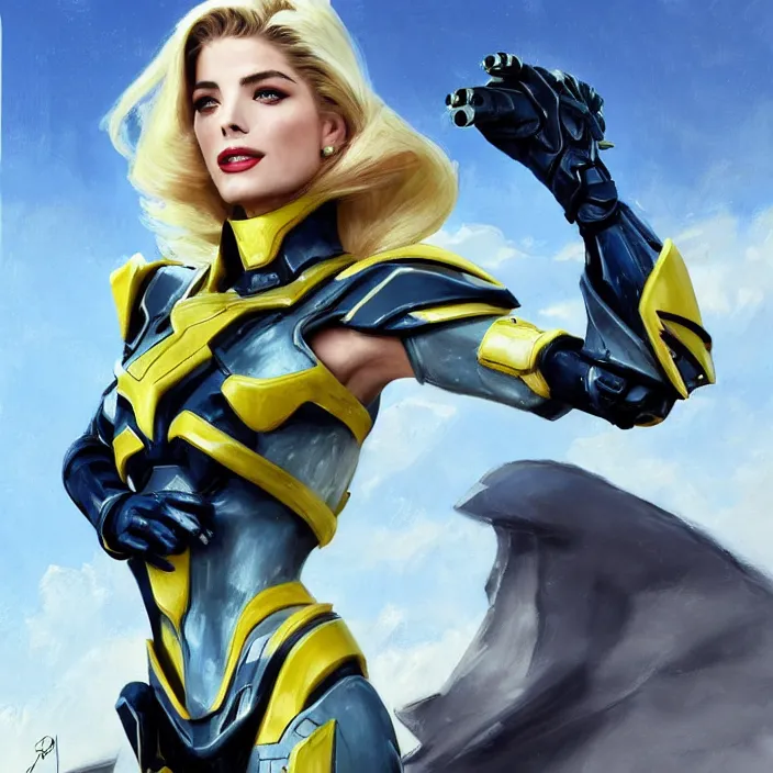 Image similar to A combination of Adriana Dxim's and Grace Kelly's and Ashley Greene's appearances with blonde hair wearing Interceptor's armor from Anthem, countryside, calm, fantasy character portrait, dynamic pose, above view, sunny day, thunder clouds in the sky, artwork by Jeremy Lipkin and Giuseppe Dangelico Pino and Michael Garmash and Rob Rey and Greg Manchess and Huang Guangjian, very coherent asymmetrical artwork, sharp edges, perfect face, simple form, 100mm