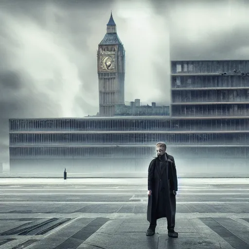 Prompt: a Photograph from the dystopian future of a British male in the year 2045 after ‘the event’ has taken place. Photorealistic, vivid, terrifying, somber, upsetting, 35mm, sharp focus, very very brutal, British architecture in the background, moody lighting