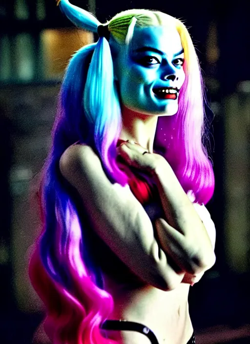 Prompt: 2 8 mm photo of beautiful suicide squad happy margot robbie with long white hair that looks like harley quinn standing on the wet street of dystopian gotham city at night, angry frown, seductive camisole, pinup model, glamour fashion pose, frank miller, jim lee, cinematic, ridley scott, lens flare, annie leibowitz