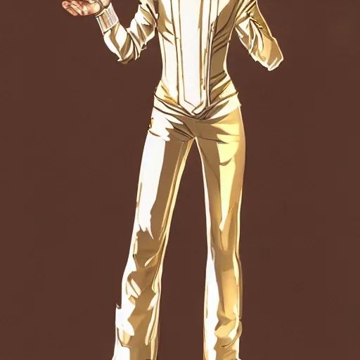 Prompt: character concept art of stoic heroic emotionless handsome blond butch tomboy woman with very short slicked-back hair, no makeup, in princely white and gold masculine satin jumpsuit with gold cape and boots, science fiction, atompunk, illustration