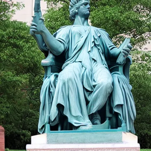 Image similar to liberty statue sitdown pose, very convincing