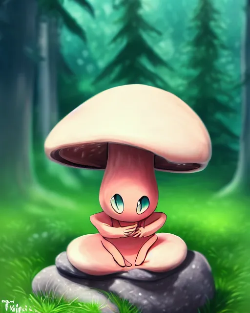 Image similar to digital illustration of a cute mushroom creature, thicc, sitting on a rock in a forest, | | epic - fine - clean, polished, trending on artstation, anime style, brush strokes