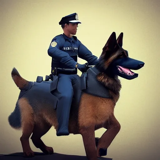 Image similar to police officer riding a giant German shepherd in the city, trending on artstation