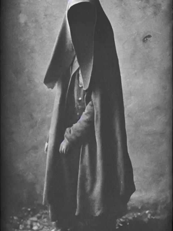 Image similar to portrait of faceless grim reaper with covered face and bright glowing eyes, ww1 photo, grainy, high detail, high resolution,