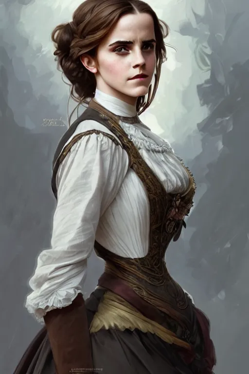 Prompt: Emma Watson dressed in a victorian fashion, D&D, fantasy, intricate, elegant, highly detailed, digital painting, artstation, concept art, matte, sharp focus, illustration, art by Artgerm and Greg Rutkowski and Alphonse Mucha