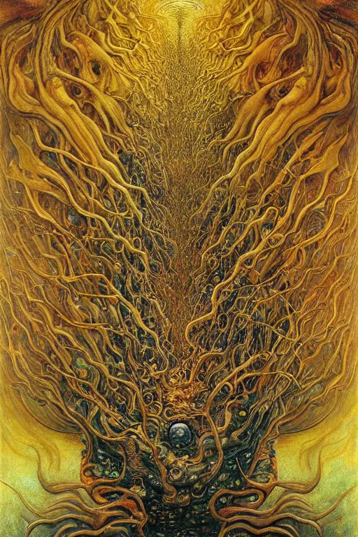 Prompt: “ an extremely high quality hd surrealism painting of a 3 d perspective divine chaos engine by karol bak, jean delville, william blake, gustav klimt, and vincent van gogh, symbolist, visionary, 8 k, ultra realistic, very realistic, blood cells, neurons, gloopy ”