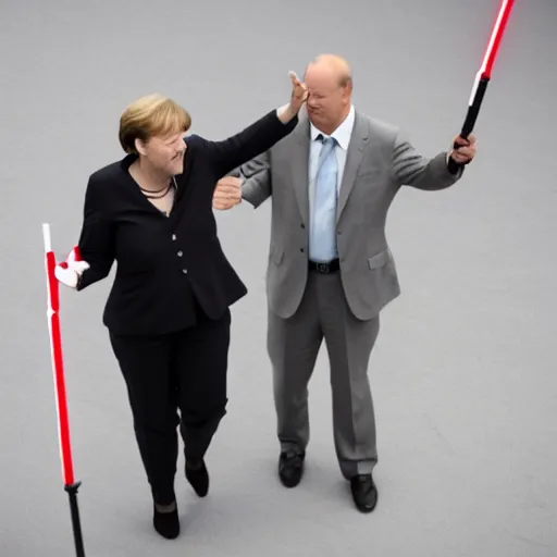 Prompt: Angela Merkel fights Olaf Scholz, they are armed with lightsabers