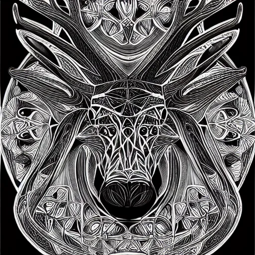 Image similar to a symmetrical portrait illustration of a deer black and white hand drawn sketch on artstation 4 k intricate extremely detailed digital art by alex grey