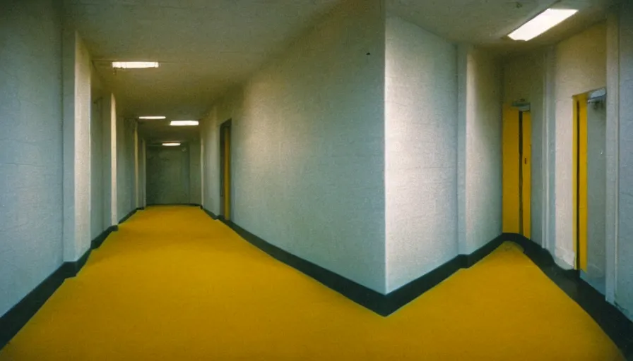 Prompt: 60s movie still of a sovietic stalinist style empty bunker hallway with yellow tiles, cinestill 800t 50mm eastmancolor, liminal Space style, heavy grain