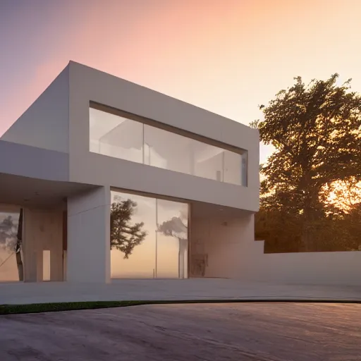 Image similar to extremely detailed non-Euclidean stunning sophisticated beautiful house, stunning volumetric light, sunset, concrete and translucent material, stunning skied, 8k