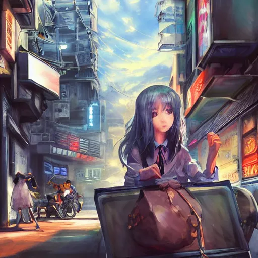 Image similar to dynamic composition, motion, ultra-detailed, incredibly detailed, a lot of details, amazing fine details and brush strokes, colorful and grayish palette, smooth, HD semirealistic anime CG concept art digital painting, watercolor oil painting of Clean and detailed post-cyberpunk sci-fi close-up schoolgirl in asian city in style of cytus and deemo, blue flame, relaxing, calm and mysterious vibes,, by a Chinese artist at ArtStation, by Huang Guangjian, Fenghua Zhong, Ruan Jia, Xin Jin and Wei Chang. Realistic artwork of a Chinese videogame, gradients, gentle an harmonic grayish colors. set in half-life 2, Matrix, GITS, Blade Runner, Neotokyo Source, Syndicate(2012), dynamic composition, beautiful with eerie vibes, very inspirational, very stylish, with gradients, surrealistic, dystopia, postapocalyptic vibes, depth of field, mist, rich cinematic atmosphere, perfect digital art, mystical journey in strange world