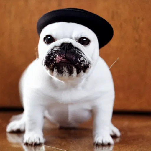 Image similar to puppy wearing a monocle and a top hat