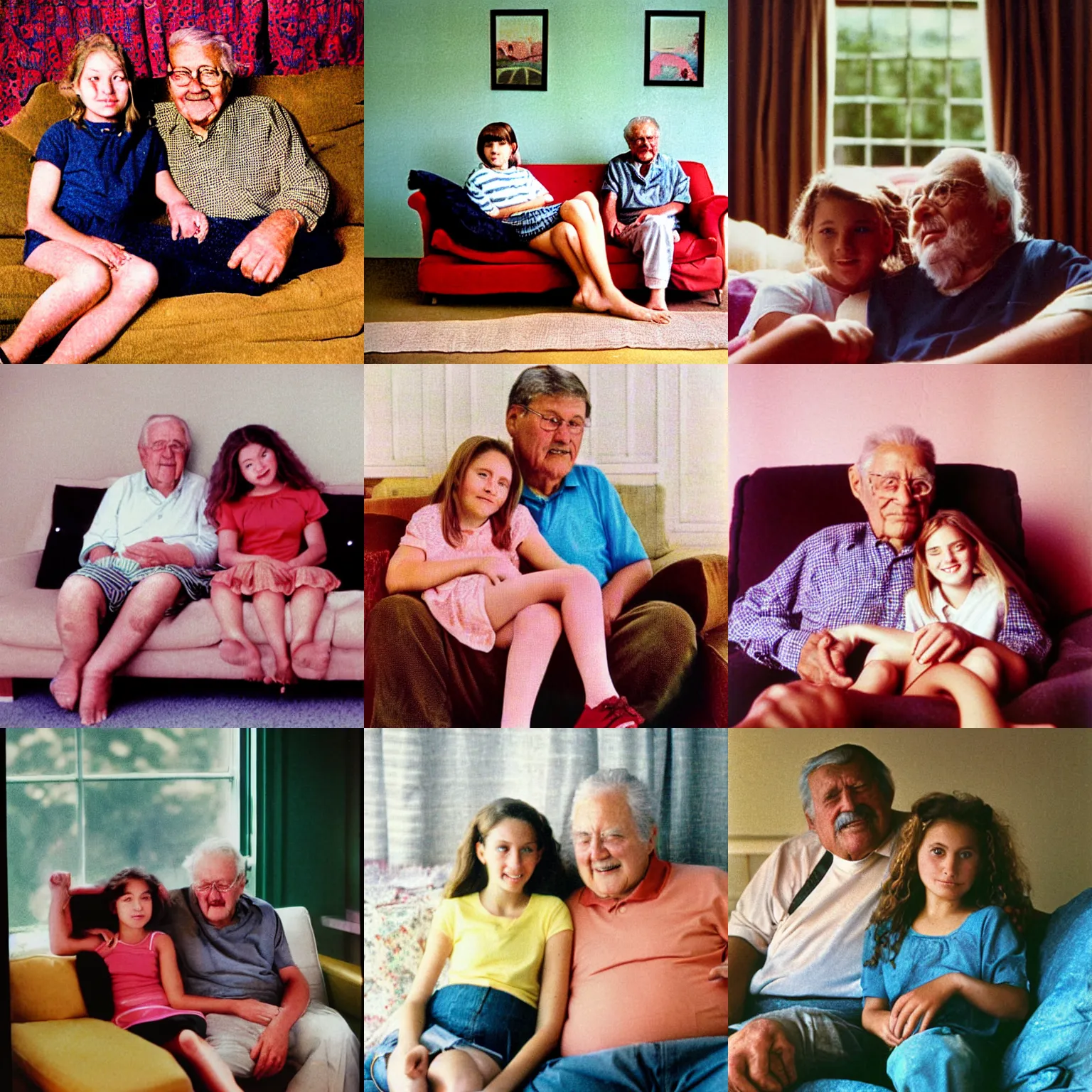 Prompt: A long-shot , color home photograph portrait of a preteen girl and her grandpa on the sofa, summer, day lighting, 1990 photo from photograph Magazine.