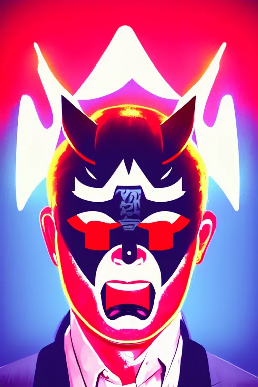 Image similar to guy with japan devil mask, pop art, pixel, gta vice city style, glowing lights, face features, ultrarealistic details, digital painting, trending artstation, concept art, smooth, sharp focus, illustration, intecration details, art by mark millar and richard hamilton and mimmo rottela, kirokaze and paul robertson