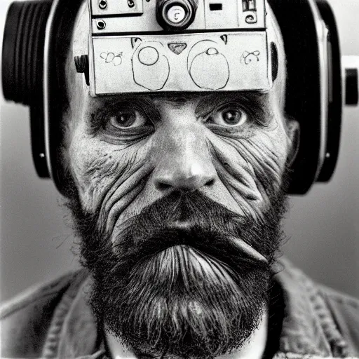 Prompt: photo of a cyborg as a vincent van gogh lookalike, by diane arbus, black and white, high contrast, rolleiflex, 5 5 mm f / 4 lens