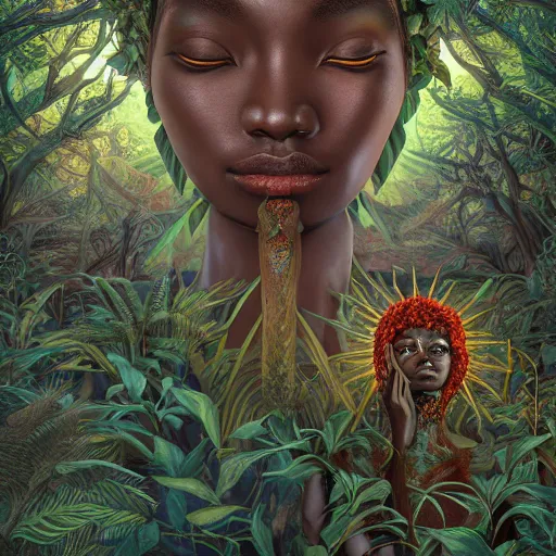Prompt: symmetry!!, corpse of an african moon goddes deep inside a temple overgrown with vegetation, by casey weldon and chie yoshii and amanda sage, concept art, global illumination, radiant light, god rays, bokeh, digital illustration, cg society, unreal engine 5, ray tracing