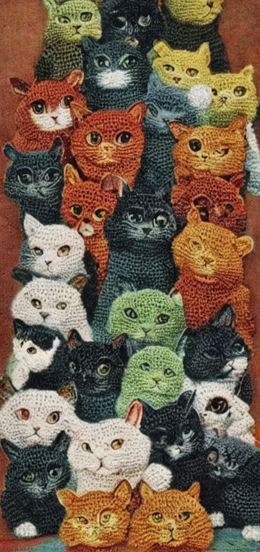 Prompt: multicolored crocheted cats, 1 9 1 0 s catalogue photo,