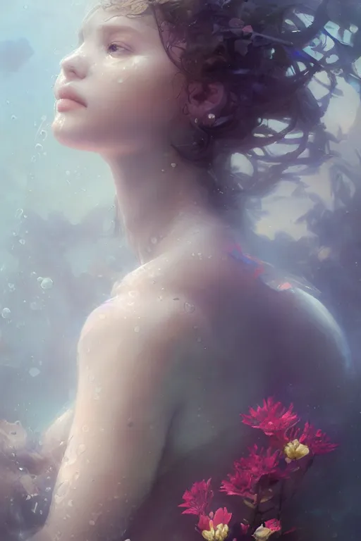 Image similar to face closeup a young beautiful girl drowned in water, underwater photography, swimming, 3 d render, hyper realistic detailed portrait, holding magic flowers, ruan jia, wlop. scifi, fantasy, hyper detailed, octane render, concept art, by peter mohrbacher, by wlop, by ruan jia