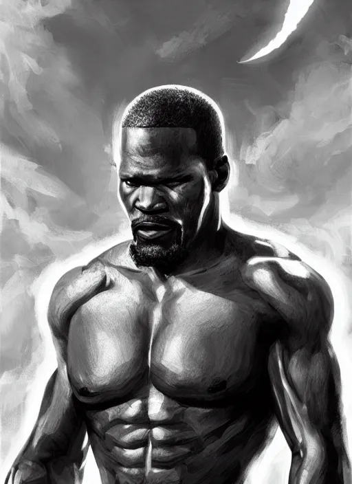 Prompt: a highly detailed illustration of Jamie Foxx as a bearded short fade hair african warrior god of lightning, evil summoning lightning from hands pose, moonlit clouds background, muscular, intricate, elegant, highly detailed, centered, digital painting, artstation, concept art, smooth, sharp focus, league of legends concept art, WLOP