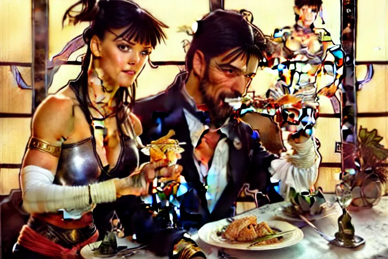 Image similar to xena warrior princess eating at a restaurant, with a hispanic man in a suit as her companion, art by artgerm and greg rutkowski and alphonse mucha